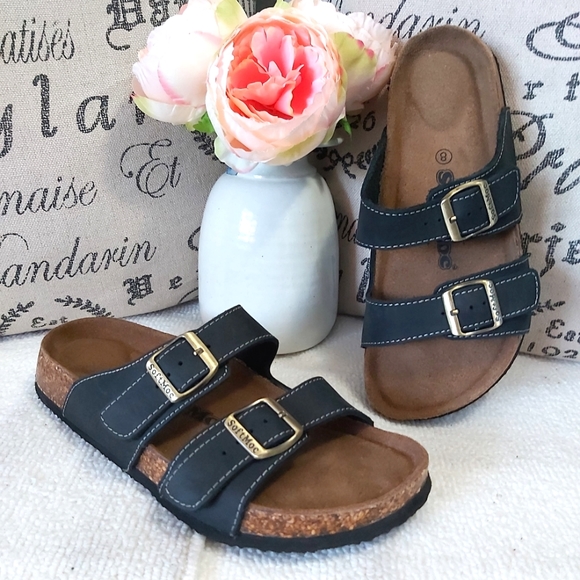 softmoc | Shoes | Softmoc Womens Black Leather Slides Sandals Buckle Detail  | Poshmark